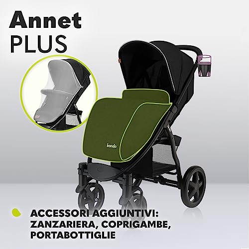 LIONELO Annet passeggino leggero pieghevole grigio regorabile con posizione sdraiata con ruote EVA cappottina XXL con zanzariera coprigambe portabibite fino 22 kg (Nero, PLUS) : Prima infanzia