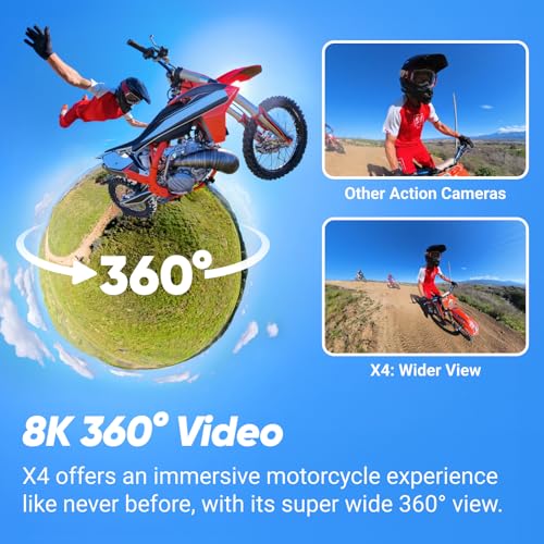 Insta360 X4 Pack Moto   Action Cam 360° 8K Impermeabile, Video Grandangolari in 4K, Selfie Stick Invisibile. Protezioni Lenti Rimovibili, Autonomia Batteria 135 min, Editing IA, Stabilizzazione : Elettronica