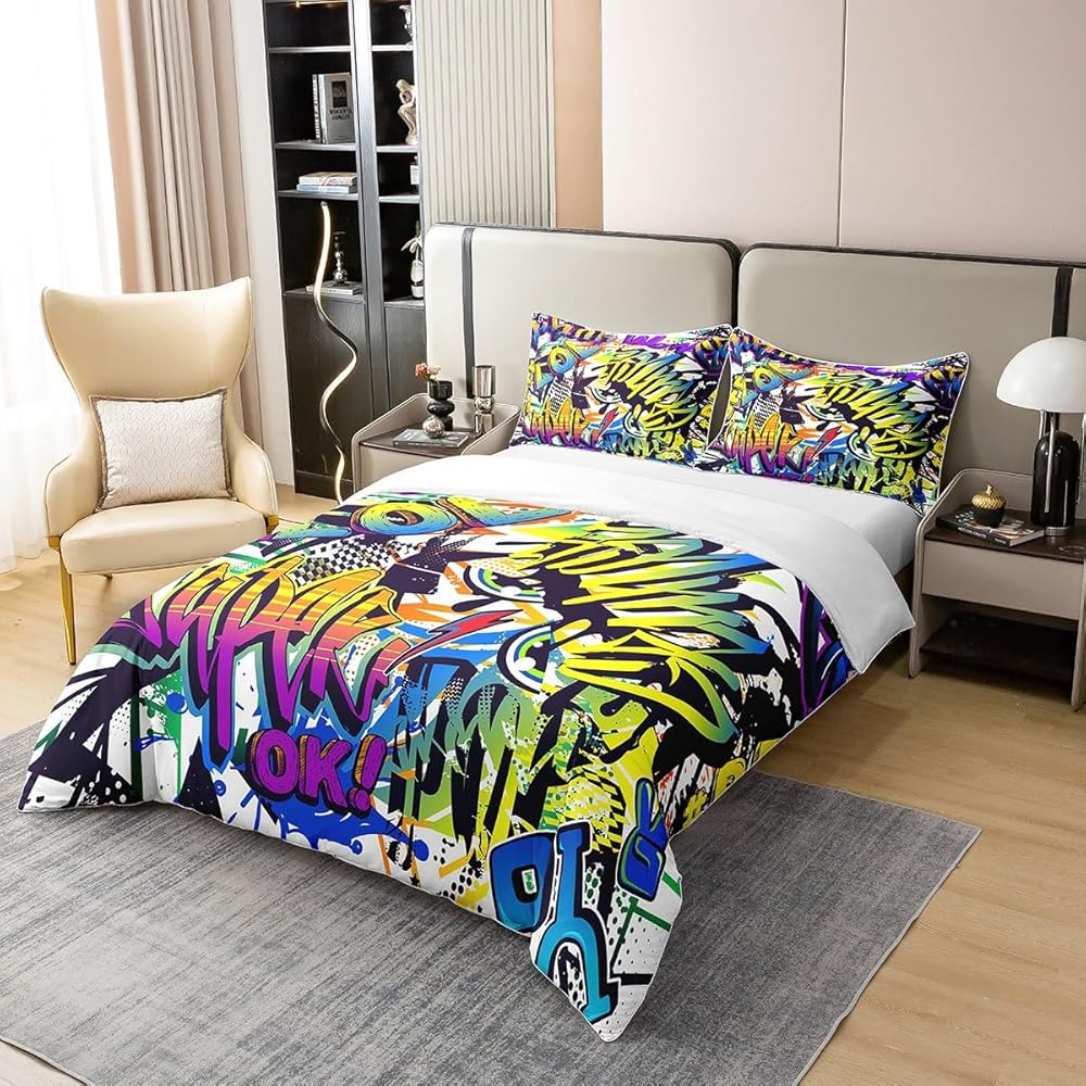 Homemissing Style de Graffiti Hippie 100% Coton Housse de Couette 200x200cm décoration Hip Hop Parure de lit Enfants 100% Coton Garçon Fille Teen Room Decor Motif de Graffiti Literie Set : Cuisine et Maison