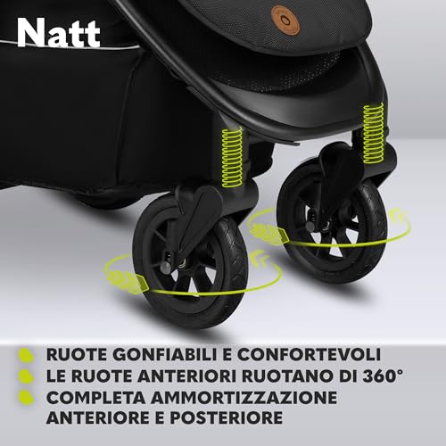LIONELO NATT Passeggino compatto per bambini dalla nascita fino a 22 kg Pieghevole, Completa regolazione, Posizione sdraiata, Cinture 5punti, Grandi ruote Ammortizzazione, Cappottina XXL, Impermeabile : Prima infanzia