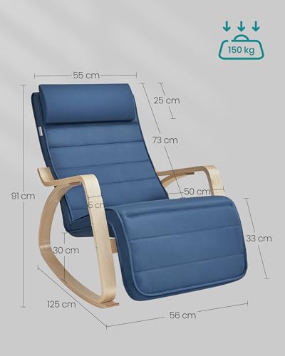 SONGMICS Sedia Legno di Betulla, Poltrona a Dondolo con Poggiapiedi Regolabile a 5 Altezze, Fodera in Cotone, Portata 150 kg, Blu Notte LYY041Q01, 67 x 125 x 91 cm : Casa e cucina
