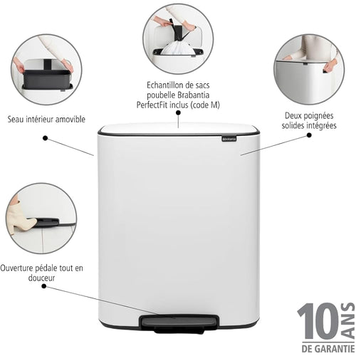 Brabantia - 211300 - Poubelle à pédale Bo, avec 1 seau intérieur, 60L - Blanc : Cuisine et Maison