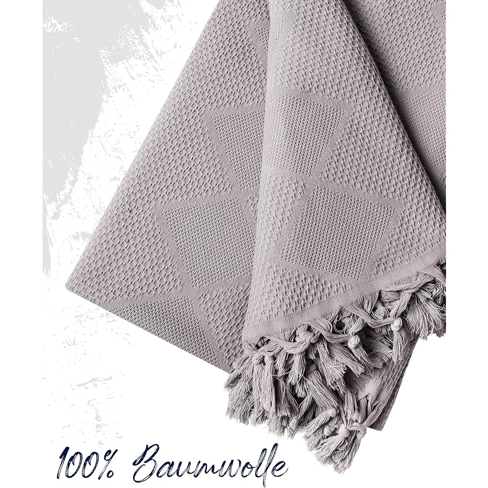 LAYNENBURG Premium Couvre-lit avec Franges nouées à la Main - 100% Coton - 220 x 240 cm - Couverture d'été en piqué gaufré en Coton, Couvre-canapé &amp; Couverture de canapé (Gris) : Cuisine et Maison