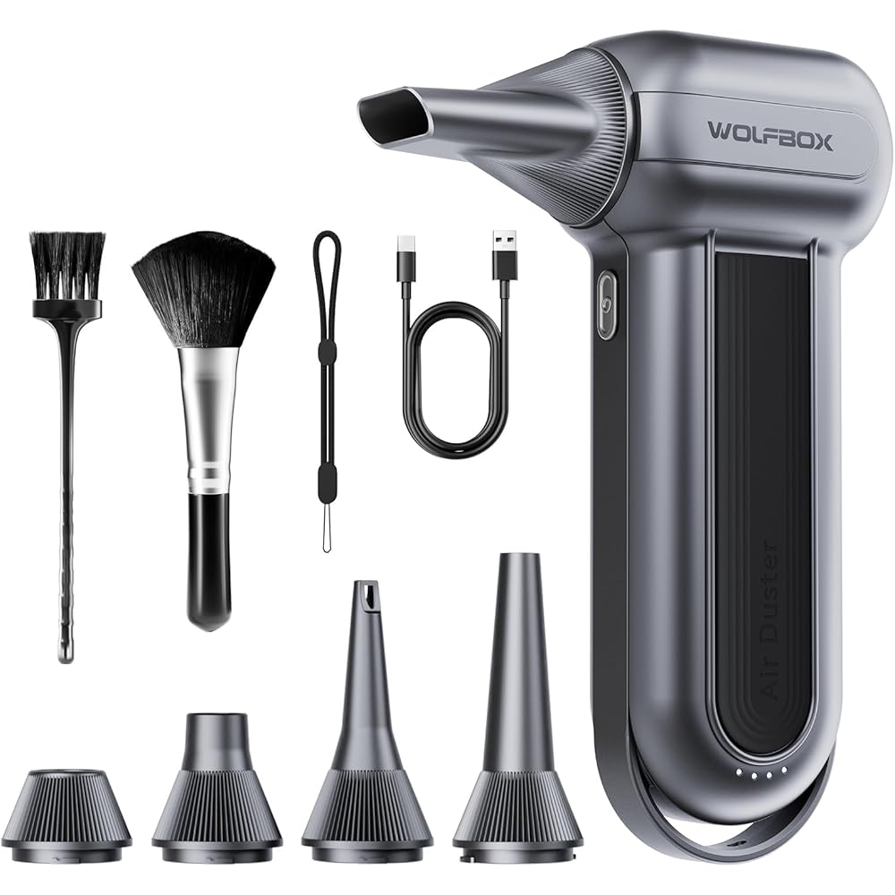 WOLFBOX MF100, aspirateur à air électrique, 150000RPM, aspirateur à air sans fil, rechargeable, mini-souffleur réglable à 3 vitesses pour l'ordinateur, le clavier, la maison et la voiture. : Fournitures de bureau