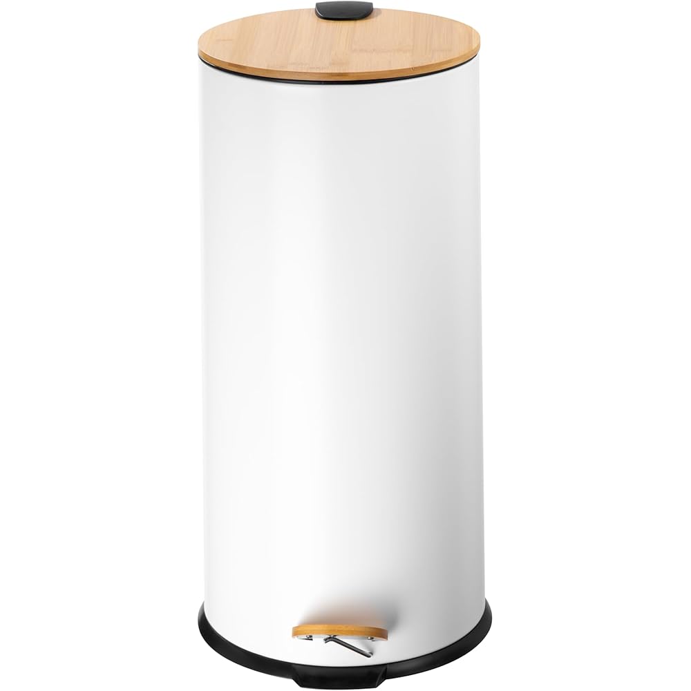 ECHTWERK Poubelle à pédale Skandi Look, Poubelle, Poubelle, Corps robuste en fer avec couvercle en bambou, Fonction Soft Close, Blanc, Capacité 30 litres : Cuisine et Maison